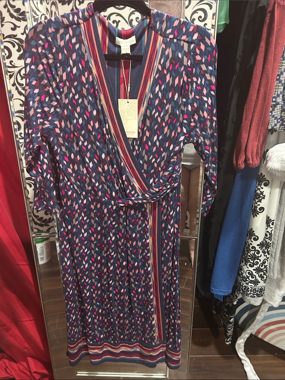 BOGO NWT Monsoon Navy Wrap Dress 3/4 Sleeve V-Neck Mid-Calf, Size XL